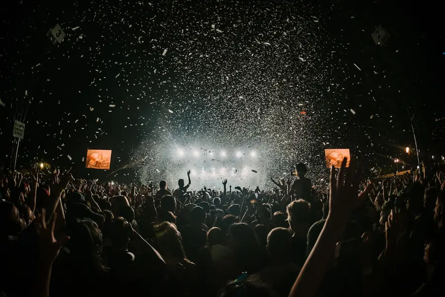 Festival crowd under confetti at night